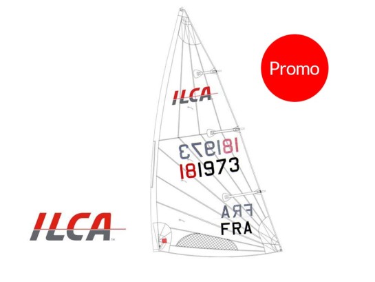 voile ilca laser avec numero de regate a la jauge et la nationalité